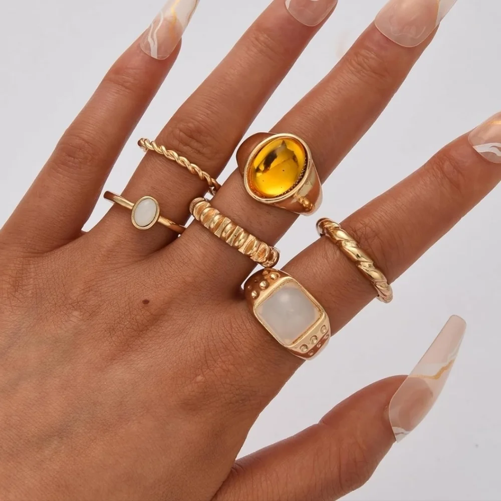 Gold Tone Mixed Stone Stackable Rings - White & Amber Accents 6 Pc Women's Acces